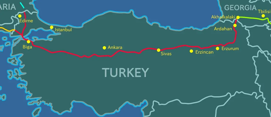 Kaart van de Trans-Anatolische gaspijpleiding